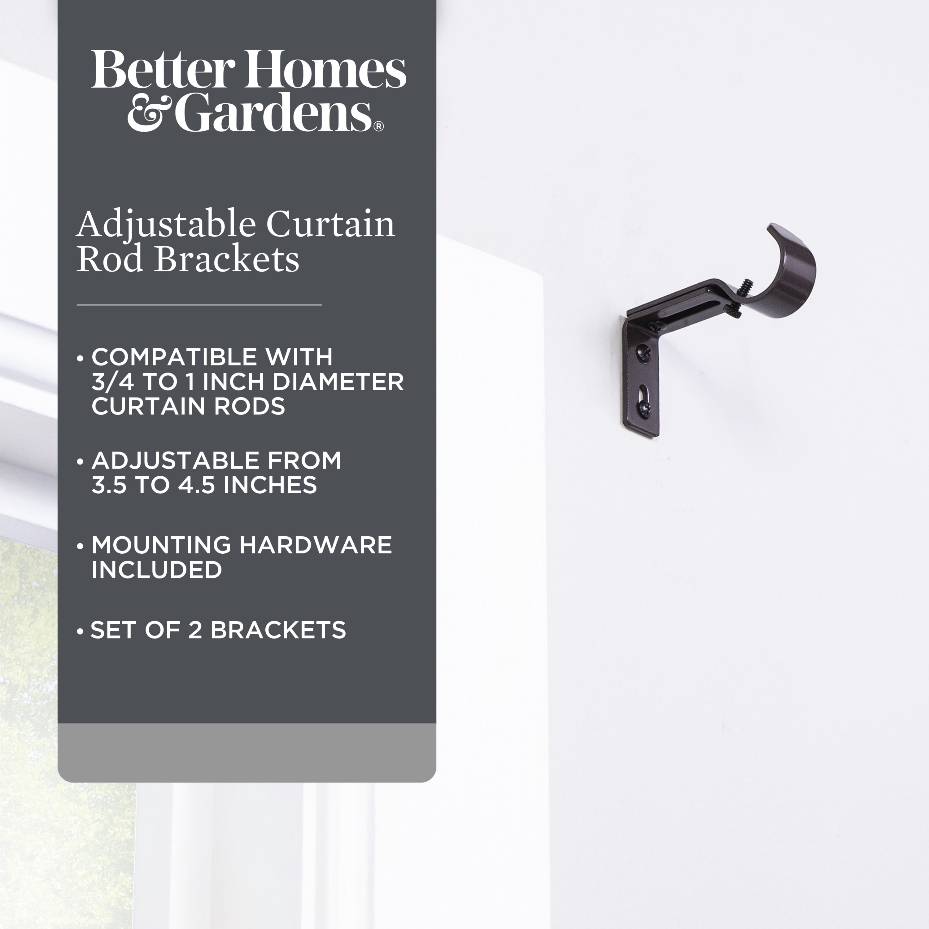 Better Homes & Gardens Metal Adjustable Curtain Rod Brackets in Bronze, 3/4 to 1 Inch Diameter