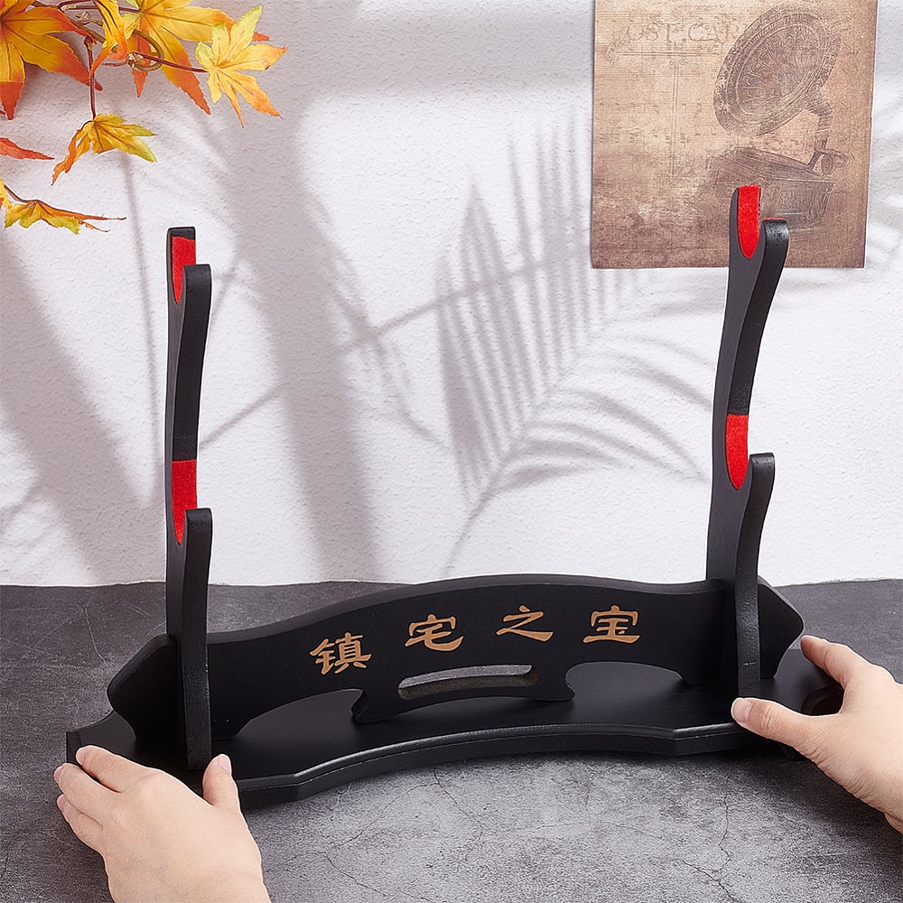 2-Tier Wooden Katana Holder Stand Bracket Samurai Display Easels with Chinese Character Black 9.9x39x26cm