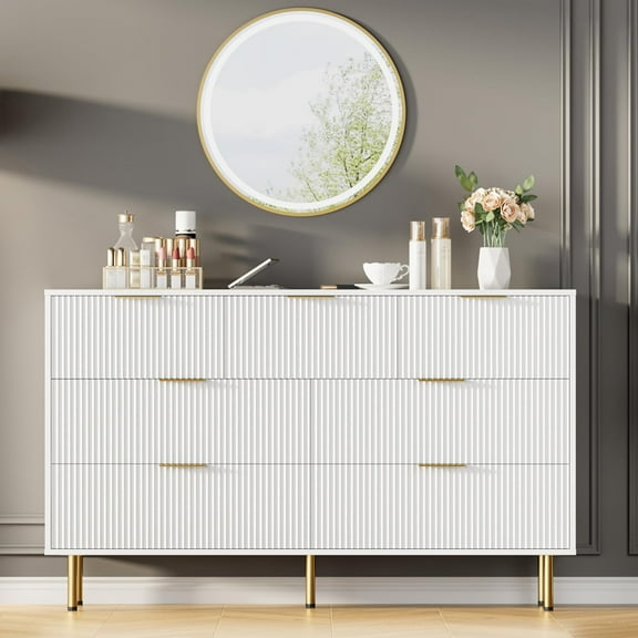Litake 7 Drawers Dresser for Bedroom, Fluted Chest of Drawers with Gold Handle, Wood Modern Dresser for Closet, Bedroom Furniture Storage Organizer for Living Room, Hallway, White/Black/Oak