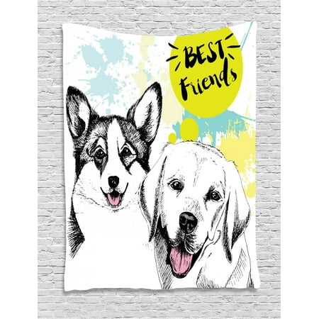 Labrador Tapestry, Best Friends Typography with Hand Drawn Sketch Welsh Corgi Grunge Illustration, Wall Hanging for Bedroom Living Room Dorm Decor, 40W X 60L Inches, Multicolor, by