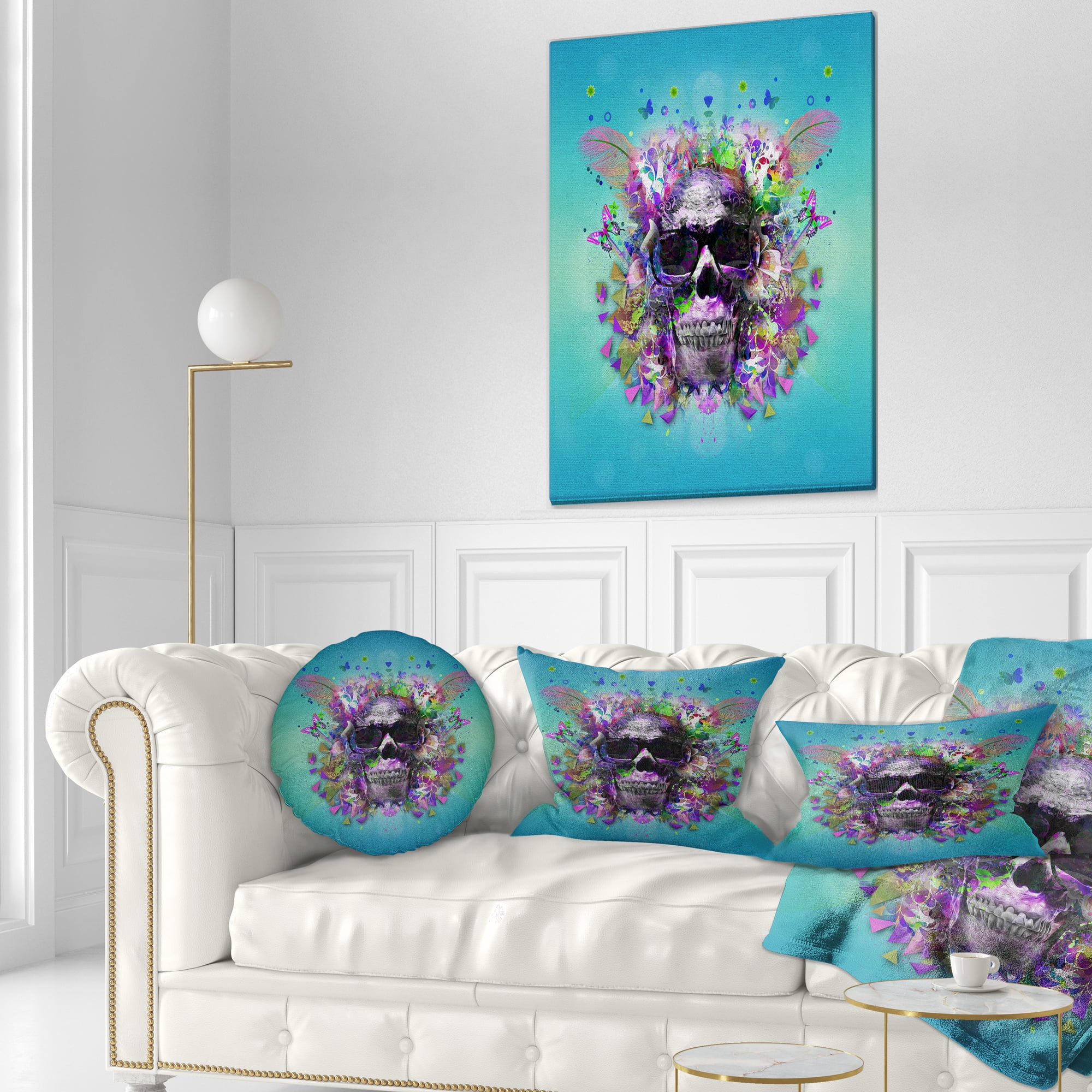 Designart Skull with Glasses and Butterflies - Abstract Throw Pillow - 12x20