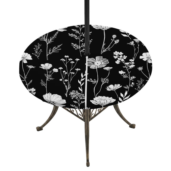 Round Outdoor Tablecloth with Umbrella Hole and Zipper, Black Wildflowers Tablecloth with Elastic Waterproof, Farmhouse Floral Botanical Leaves Patio Table Covers for 31" - 35" Picnic Pool Tables