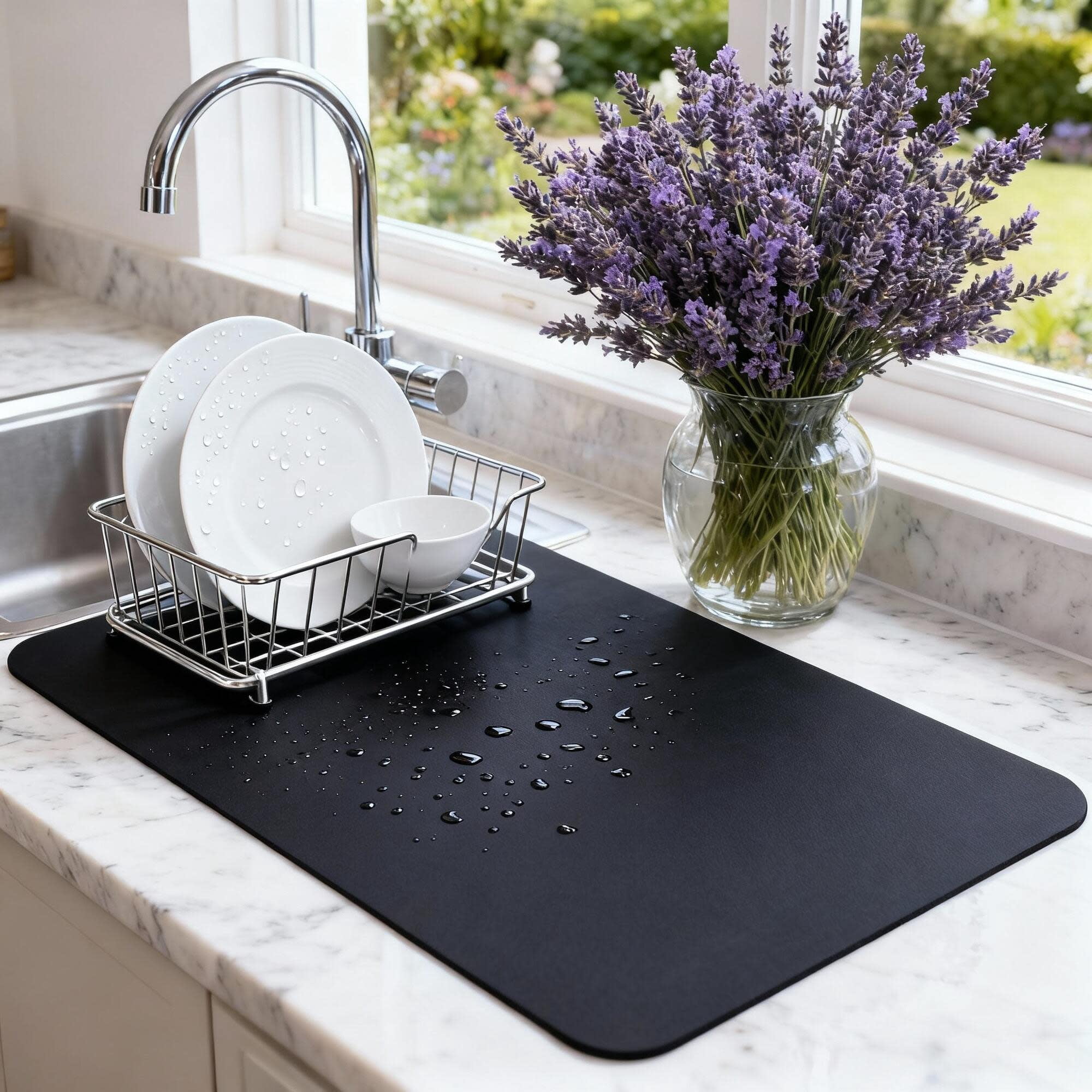 STRABELLA: Dish Drying Mat - 24x16", Black - Super Water Absorbent, Quick Dry Foam, Multi-Purpose, Kitchen Countertops, Non-Slip, Machine Washable