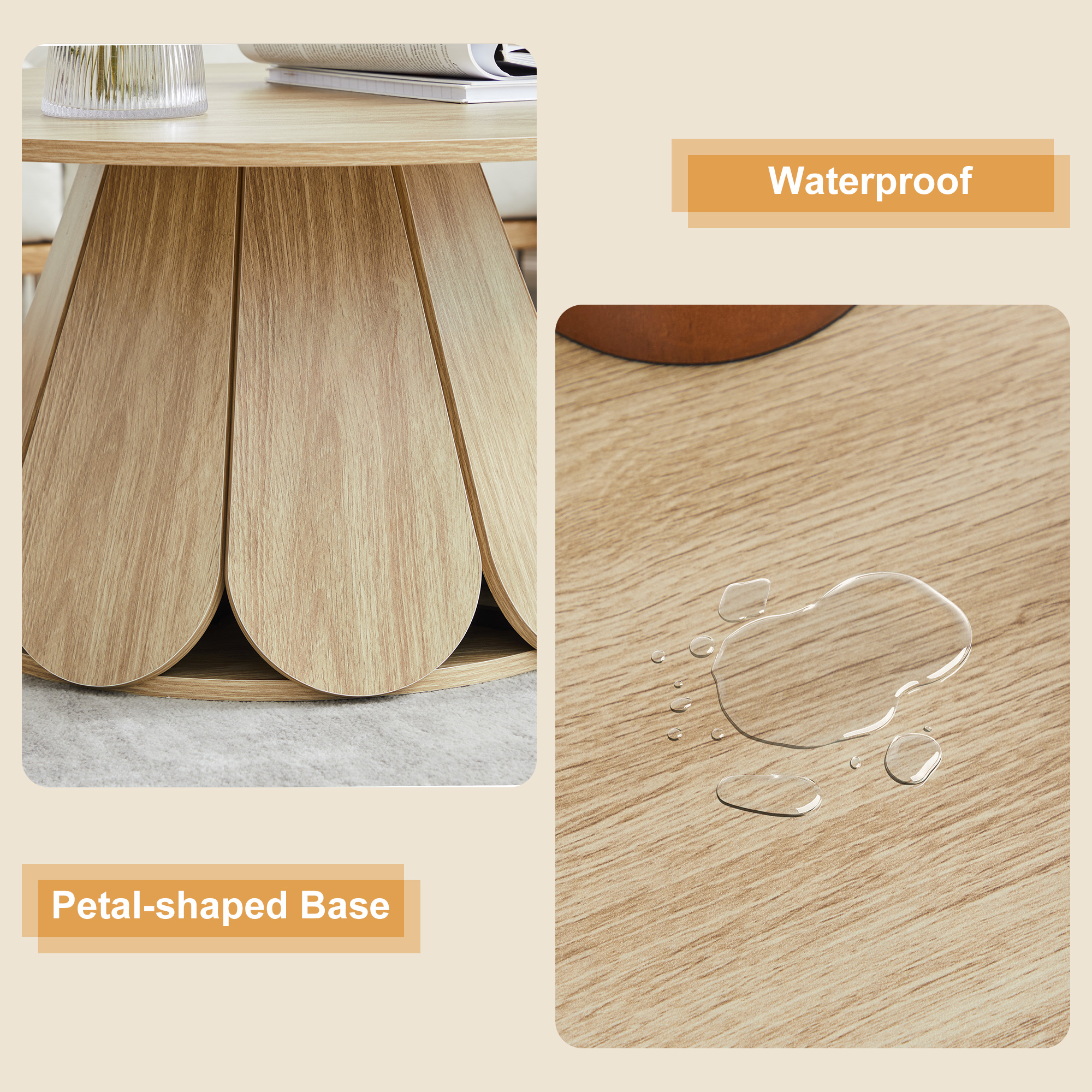 YOCWO 31.5" Small Round Coffee Table for Small Apartment Living Room, Modern Beige Coffee Table with Petal Base