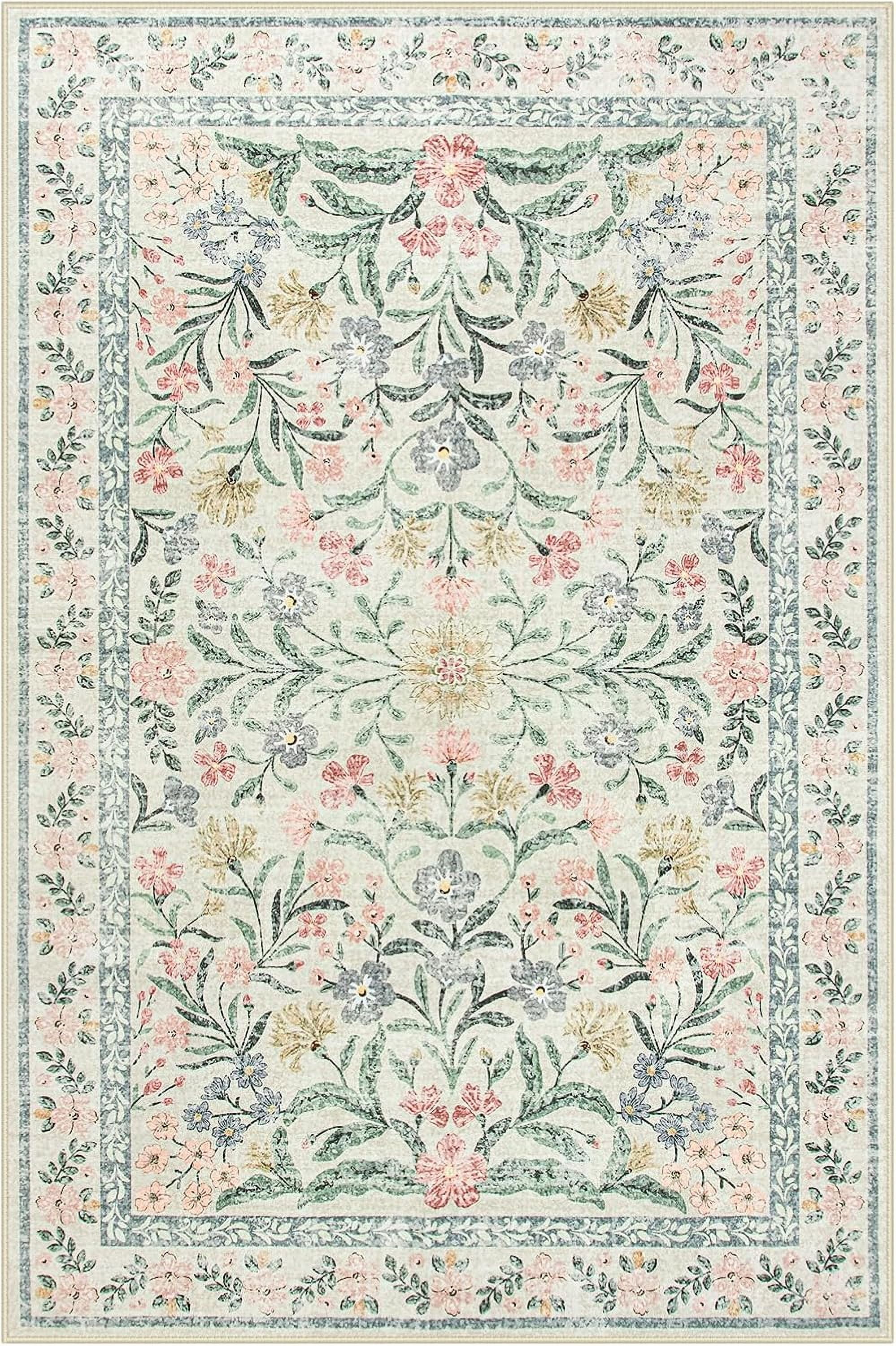 Moynesa 6'x9' Beige Washable Rugs for Bedroom, Boho Floral Living Room Rugs Non-Slip, Soft Low-Pile Carpet Rug for Dining Room Dorm,Beige
