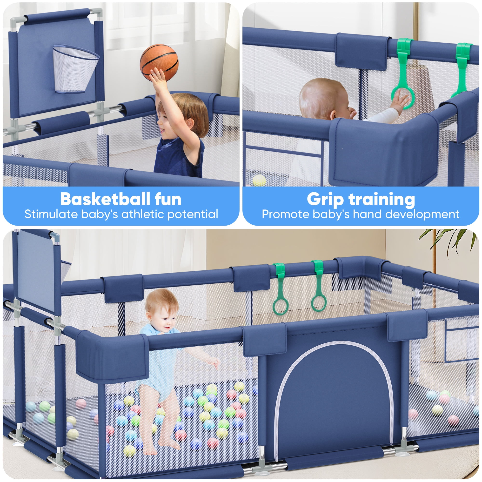 babyeap Baby Playpen,73 Inch Extra Large Baby Playard,Playpen for Babies and Toddlers With Basketball Hoop,Children Kids Play Fence for Indoors Outdoors,Blue