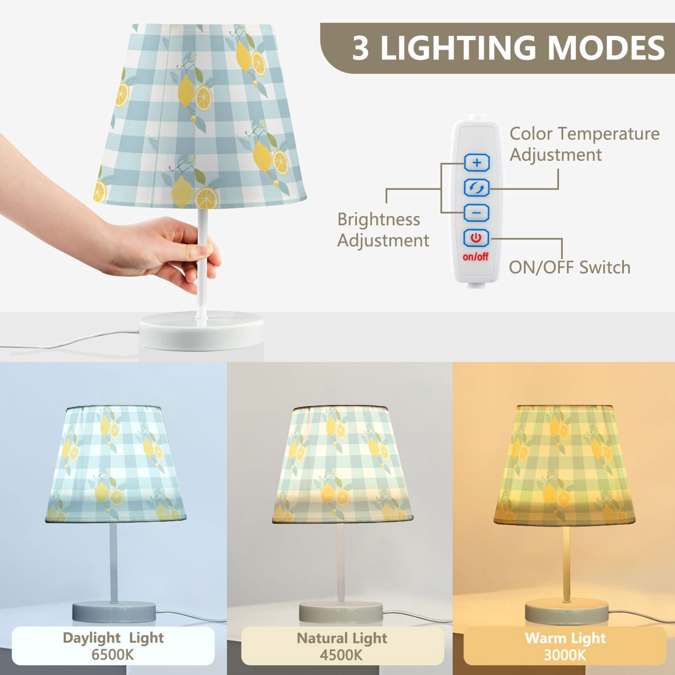 LED Desk Lamp Lemons on Plaid Table Nightstand Lamps with 3 Color Temperatures for Home Bedroom Living Room Decor 8x12