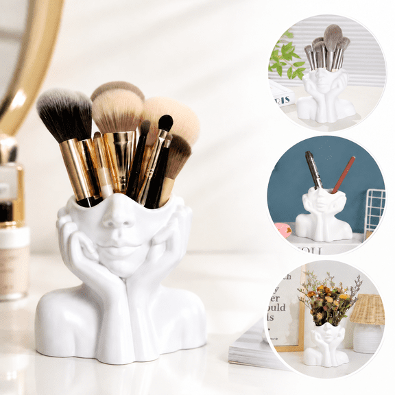 Artistic Face Makeup Brush Holder, Modern Sculpture Organizer for Vanity, Desk & Bathroom, Multi-Purpose Pen & Cosmetic Storage, PP Material White Decorative Container