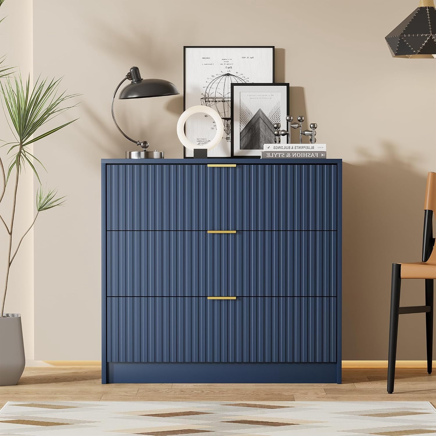Navy Blue Dresser for Bedroom, Modern Dresser with 3 Drawers and Smooth Slides, Wide Chest of Drawers with Golden Handles for Bedroom, Living Room, Closet, 15.7" D x 31.5" W x 29.6" H