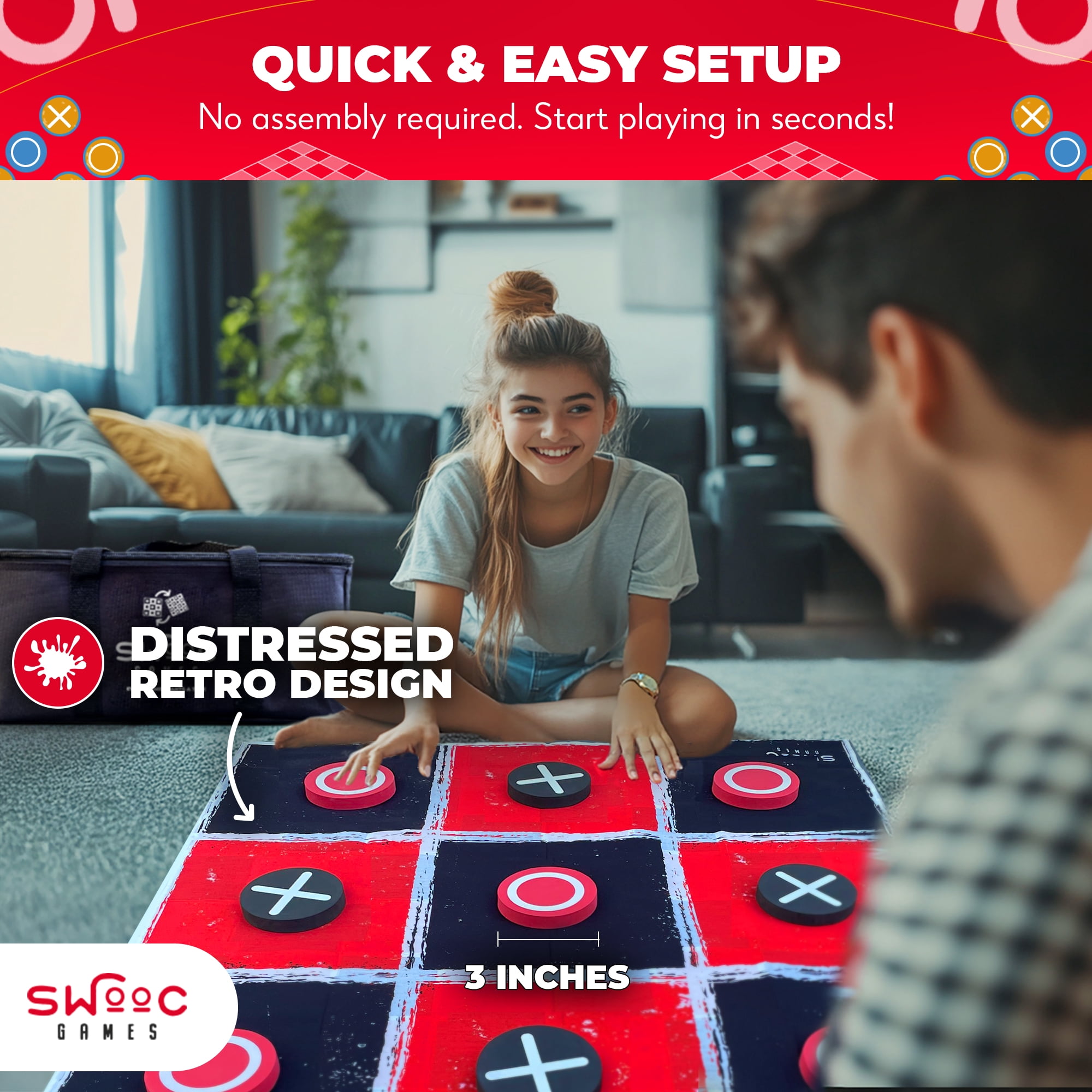 Swooc Games® - 2-in-1 Giant Vintage Checkers & Tic Tac Toe Game W/ Mat (3ft x 3ft) - 100% Machine-Washable Canvas - Giant Outdoor Games & Activities - Giant Games - Giant Board Game - Oversized Game