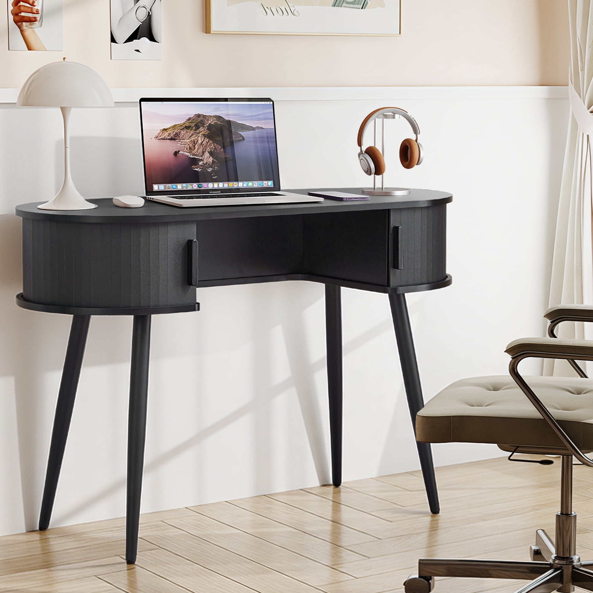 Wirrytor 43" Oval Fluted Home Office Desk, Small Computer Desk Mid Century Modern Vanity Table with Sliding Tambour Door, Wooden Writing Study Desk for Small Spaces, Bedroom, Office(Black)