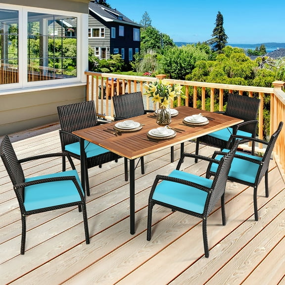 Gymax 7PCS Patio Dining Furniture Set Yard w/ Wooden Tabletop Turquoise Cushions