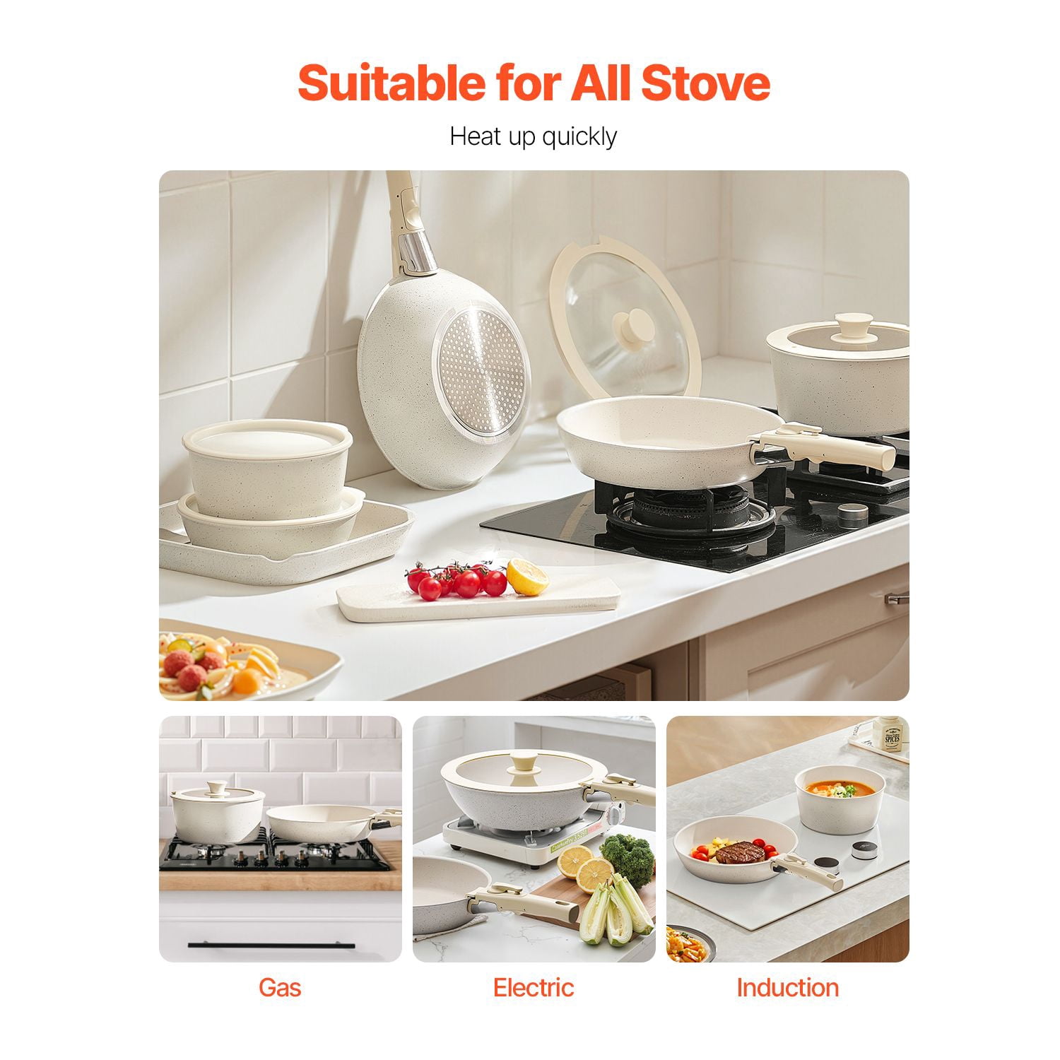 17 Piece Pots and Pans Set Nonstick, Detachable Handle Cookware, Space Saving Induction cookware set, Kitchen RV Cooking Sets, with Frying, Sauce, Saute, Tempered Glass Lids, Oven Safe, White