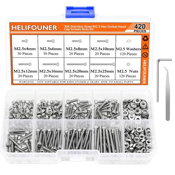 HELIFOUNER 420 piezas M2.5 x 4 mm /6 mm /8 mm /10 mm /12 mm /16 mm /20 mm /25 mm Tornillos de cabeza hueca hexagonal Tornillos Arandelas Tuercas Kit de acero inoxidable 304