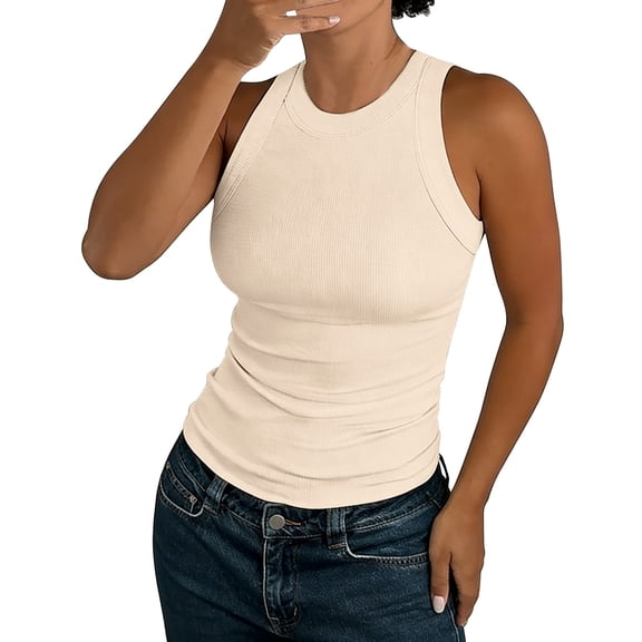 Aoiroe Womens Tank Tops,Basic Tank Top Sleeveless Tunic Athletic Running Tank Tops for Women Summer T Shirts Fashion Basic Soft Clothes Basic Cami Shirt Beige L