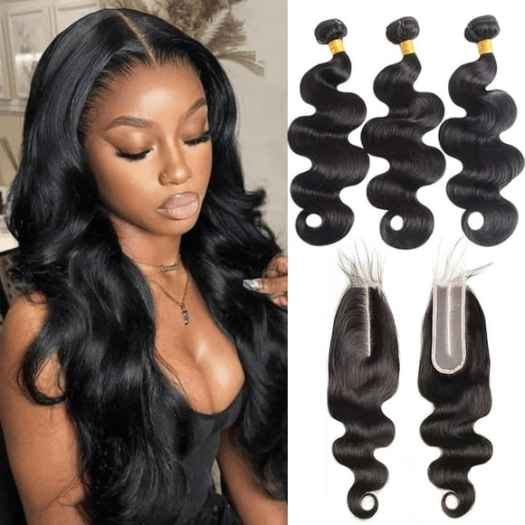 Body Wave Bundles Human Hair With Closure(16 18 20+2X6 Hd Lace Clousre 14Inch) 100% Human Hair Bundles With Closure Natural Black Hair Extensions For Women