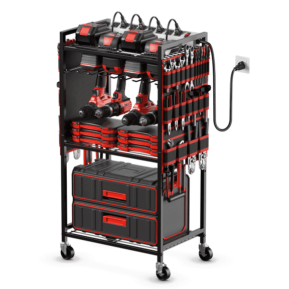 VILONG Power Tool Organizer Cart, 140Lbs Load Capacity, 8-Outlet Charging Station, Heavy Duty Tool Rack Large Rolling 3-Tier, 8 Drill Holder & Battery Storage For Garage, Gifts for Men, Black