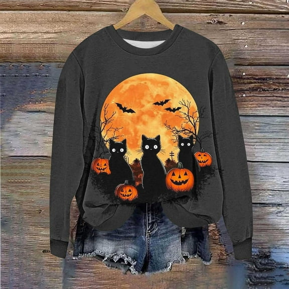 VKOYWKM Womens Crewneck Sweatshirt Halloween Sweatshirts Black Cat Pumpkin Graphic Pullover Vintage Spooky Print Long Sleeve Fall Sweatshirt