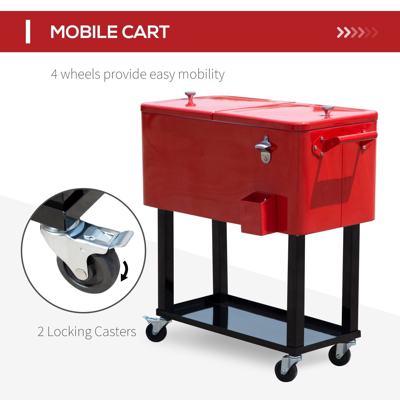 80 QT Rolling Cooling Bins Ice Chest on Wheels, Outdoor Stand-Up Drink Cooler Cart for Parties, Backyard, Poolside
