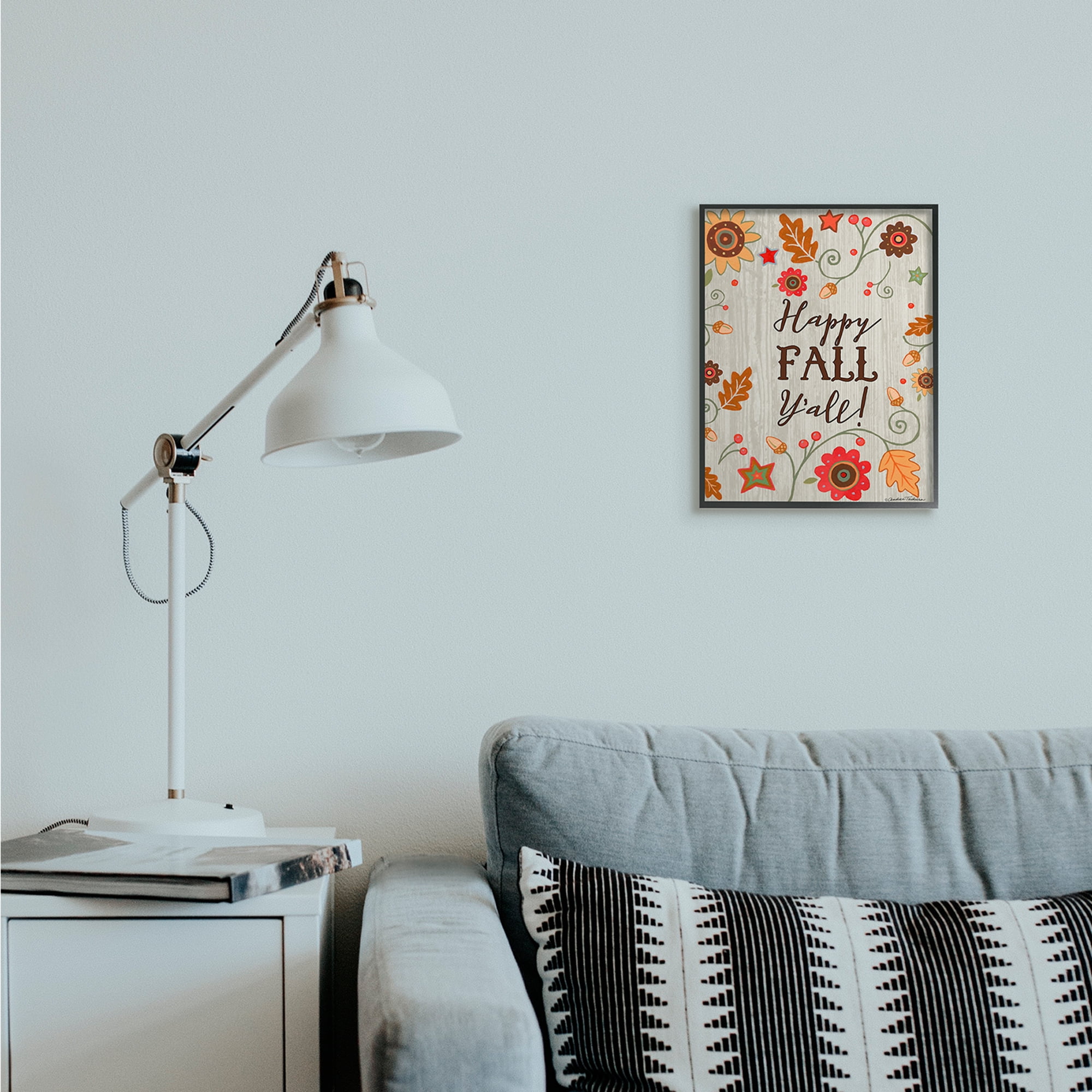 Stupell Industries Happy Fall Y'all Phrase Autumn County Border Landscape Painting Black Framed Art Print Wall Art, 11 x 14