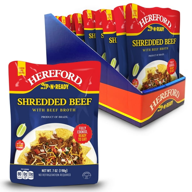 Hereford Fully Cooked Shredded Beef with Beef Broth, Shelf Stable Pouch