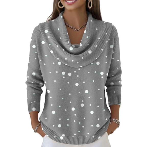 Kixjoy Womens Cowl Neck Sweater Long Sleeve Casual Trendy Knit Sweater Petite Lightweight Polka Dot Pullover Fall Cozy Holiday Womens Sweaters, Gray XL
