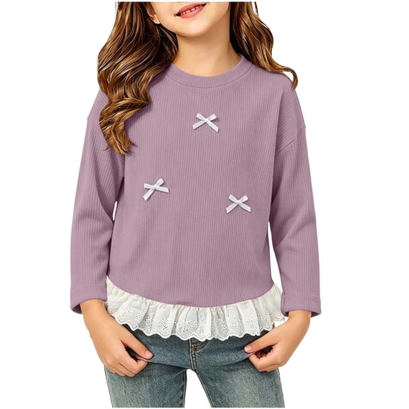 ZQUUVOU Girls Ribbed Knit Top Long Sleeve Crewneck Bow Lace Hem Casual Base Layer Shirt for Big Kids Soft Breathable Hot Pink