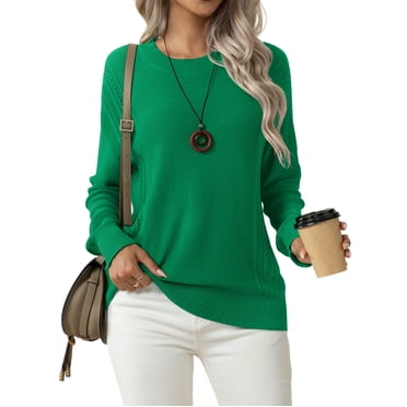 Asklazy Women's Fall Soft Crewneck Long Sleeve Hollow Cable Knit Pullover Sweaters,Green（S-3XL)