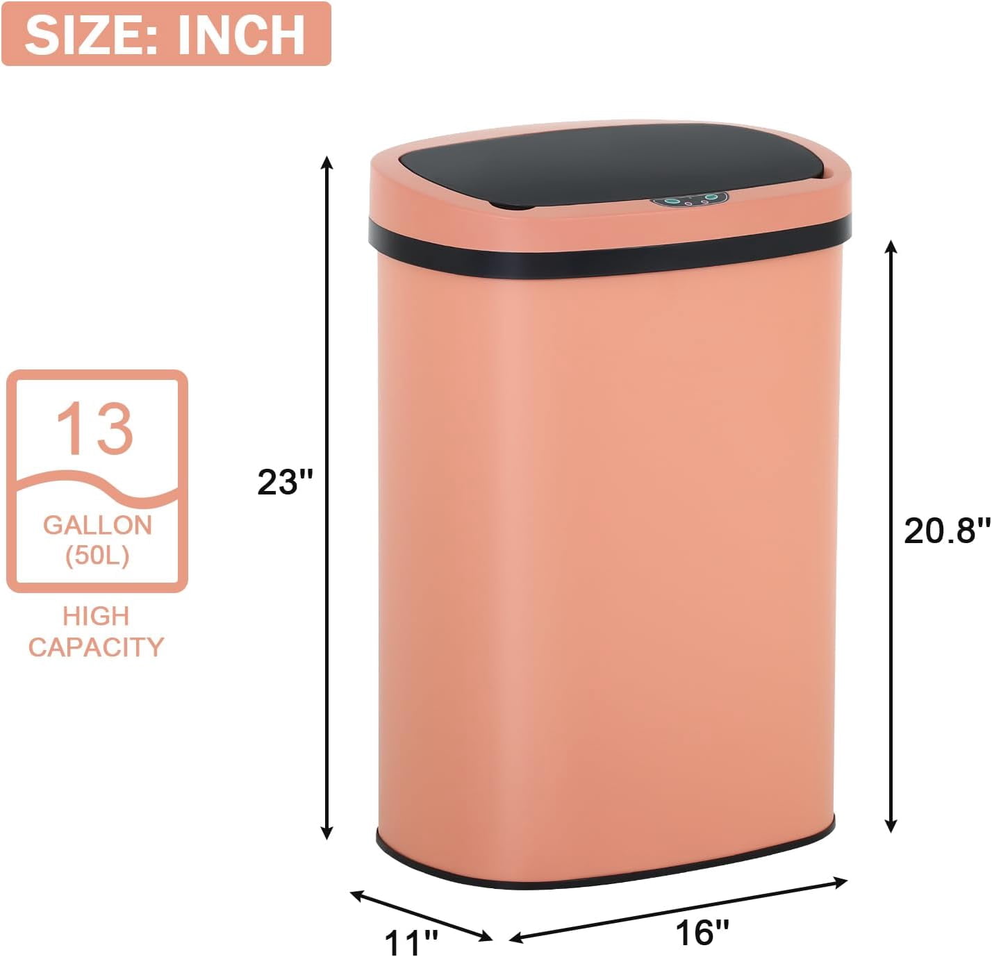 BIQWBIC 13 Gallon Automatic Trash Can, Touchless Stainless Steel Kitchen Garbage Can, Pink