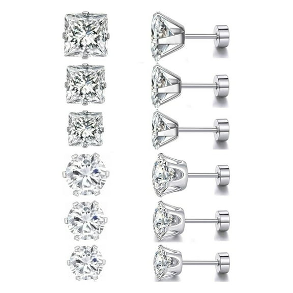 6pairs Titanium Flat Back Earrings - pack of Surgical Stainless Steel Round Square Princess Cut CZ Screw Back Stud For Women Men Hypoallergenic Cubic Zirconia Earrings
