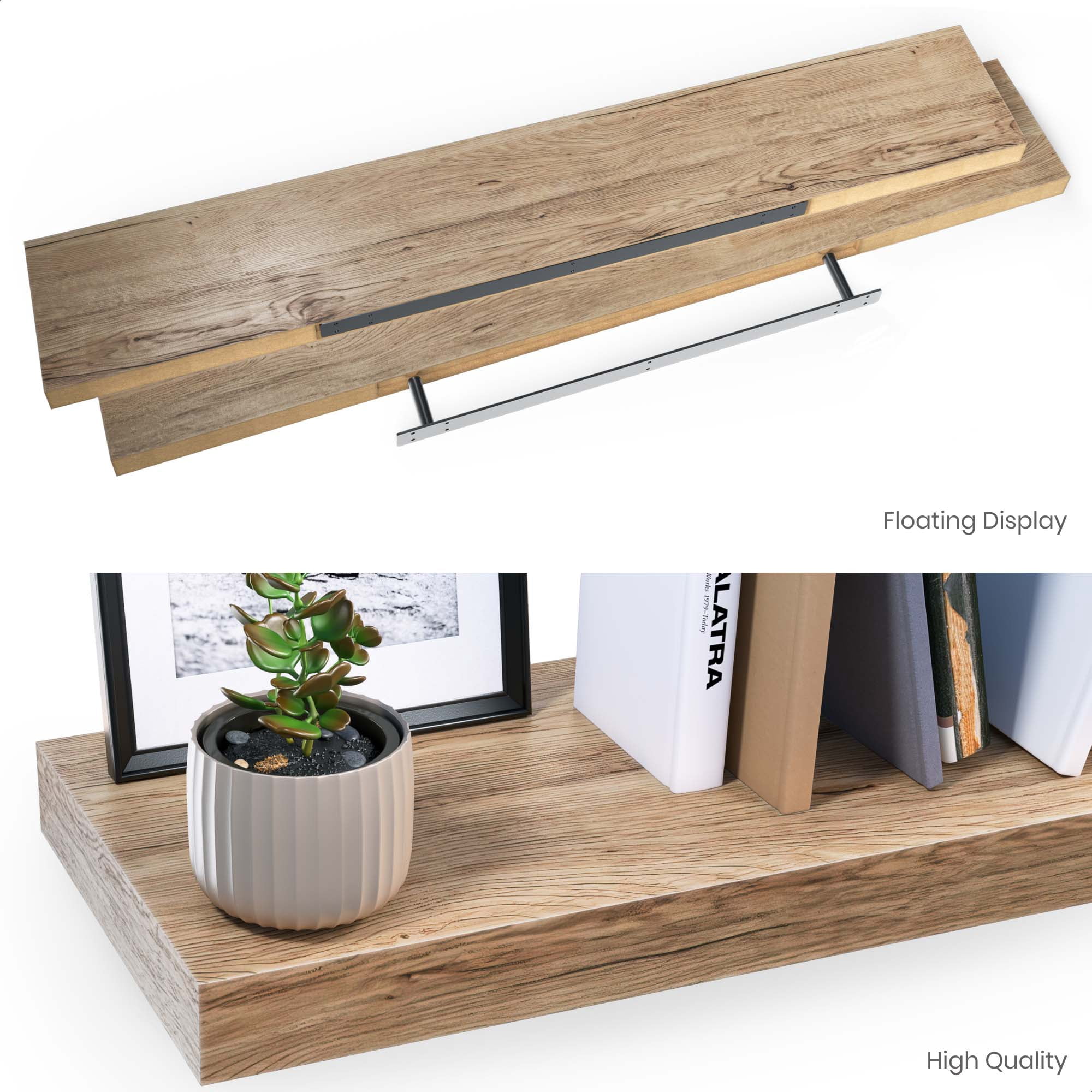 Ballucci 48" Floating Shelf, Wood Wall Mount Shelf with Invisible Bracket, 8" Deep, Oak Finish
