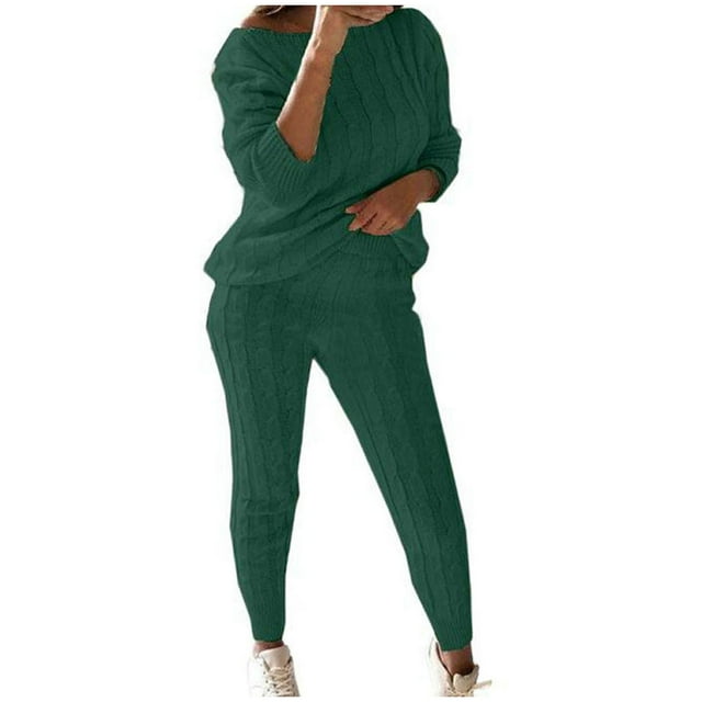 Pants for Women Solid Color Off Shoulder Long Sleeve Warm Two-piece Long Sweater Suit Set Comfortable Breathable Soft (Medium, GreenA1)