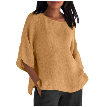 Spring Tops For Women  Half Sleeve Round Neck Cotton Linen Solid Colour Loose Casual Shirt Top Long Women Plus Size Tops Casual Cute Length Womens Tops Green Tunic Corset (XXL  Ginger) Unbranded
