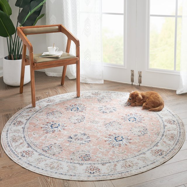 RUGKING Traditional Retro Round Rug 5ft Foldable Pink Circle Rugs for Livingroom Bedroom Non-Slip Distressed Area Rug