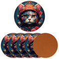 thumbnail image 2 of Cat Set of 6 Cool Round Microfiber Leather Coasters, 11x11 cm/4.3x4.3 in, Stylish Drink Mats for Home and Office Decor, 2 of 6