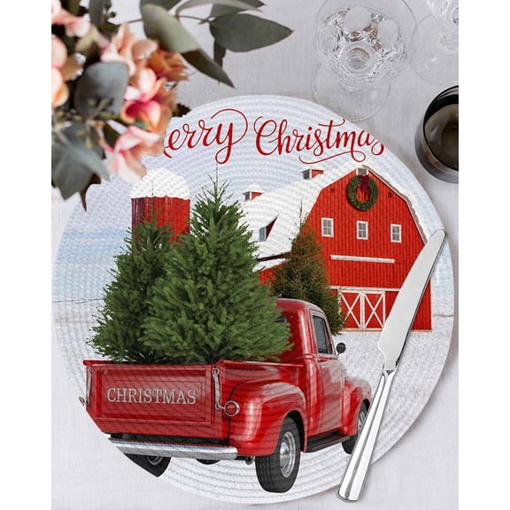 15 Inch Round Placemats Set of 6, Merry Christmas Non Slip Heat Insulation PP Table Mats, Farmhouse Xmas Tree Truck Winter Holiday Washable Place Mats for Kitchen Dining Party Table Decor