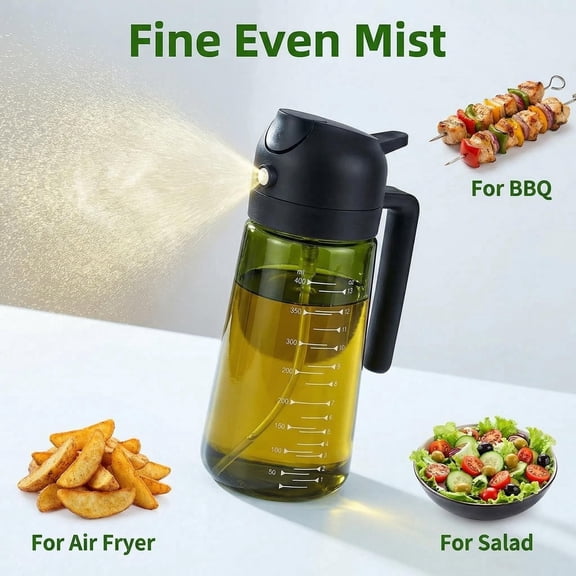 WellDeco 2-in-1 Oil Sprayer and Dispenser 15.8oz Light Blocking Green Glass Oil Bottle with Measurement Scale, Leakproof Gravity Auto Open Lid for Kitchen, Air Fryer, BBQ