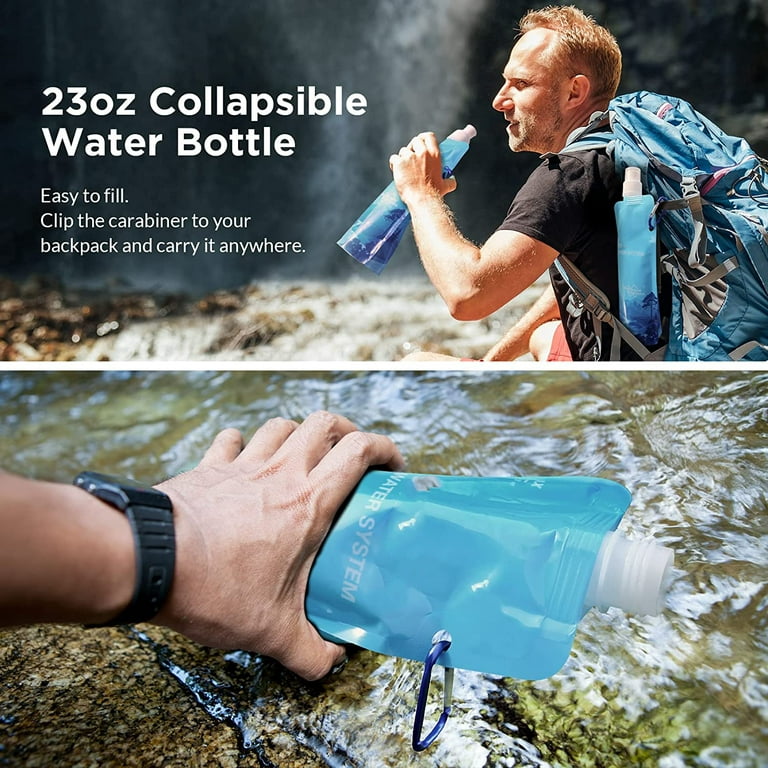 Membrane Solutions Water Filtration System, Survival Water Filter Straw and  4 Pack 23oz Collapsible Water Bottle Water Purifier Kit for Hiking Camping