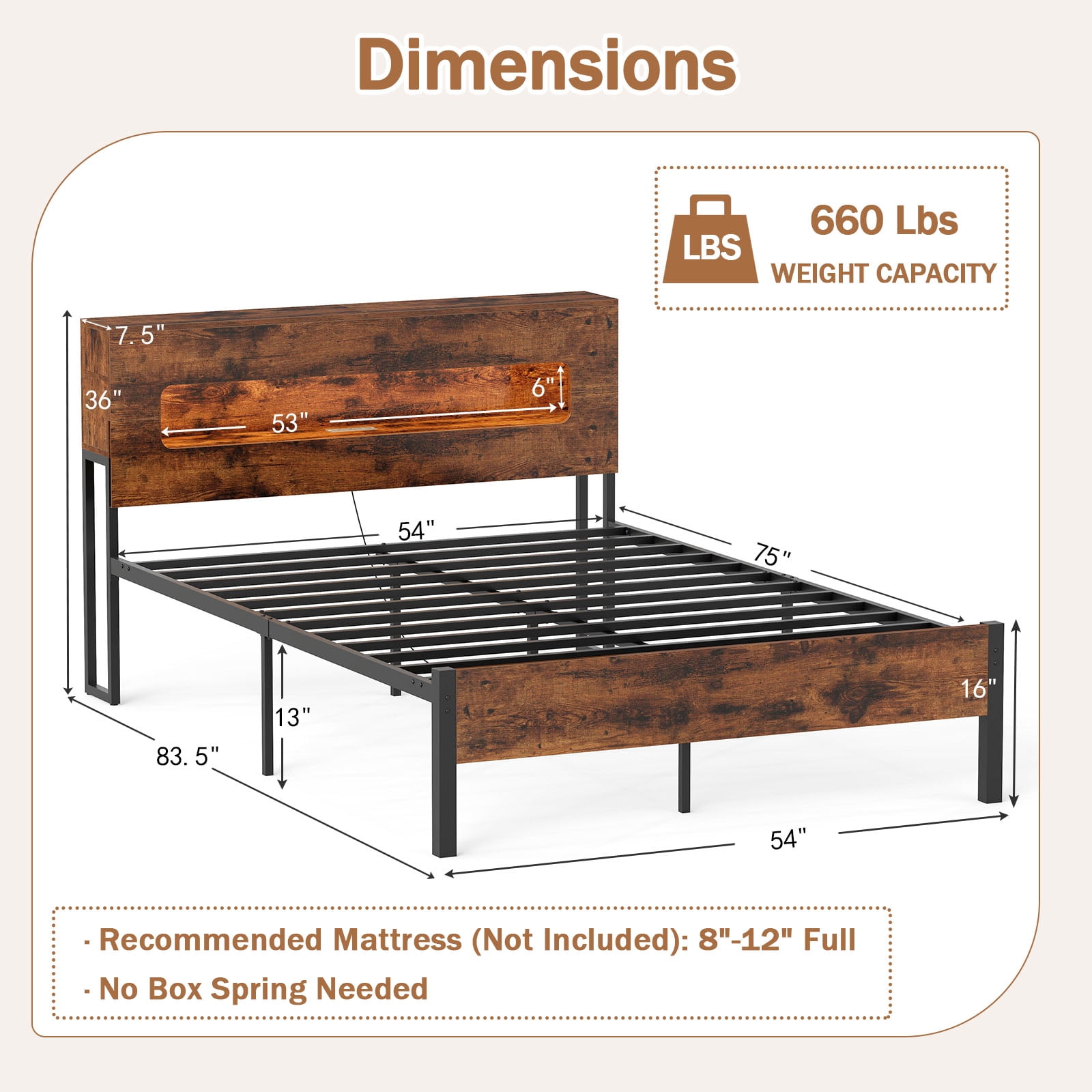 Furnibear Full Size Bed Frame, Slatted Platform Bed Frame with LED Lights, Full Bed Frame with Storage Headboard for Bedroom, Rustic Brown and Black