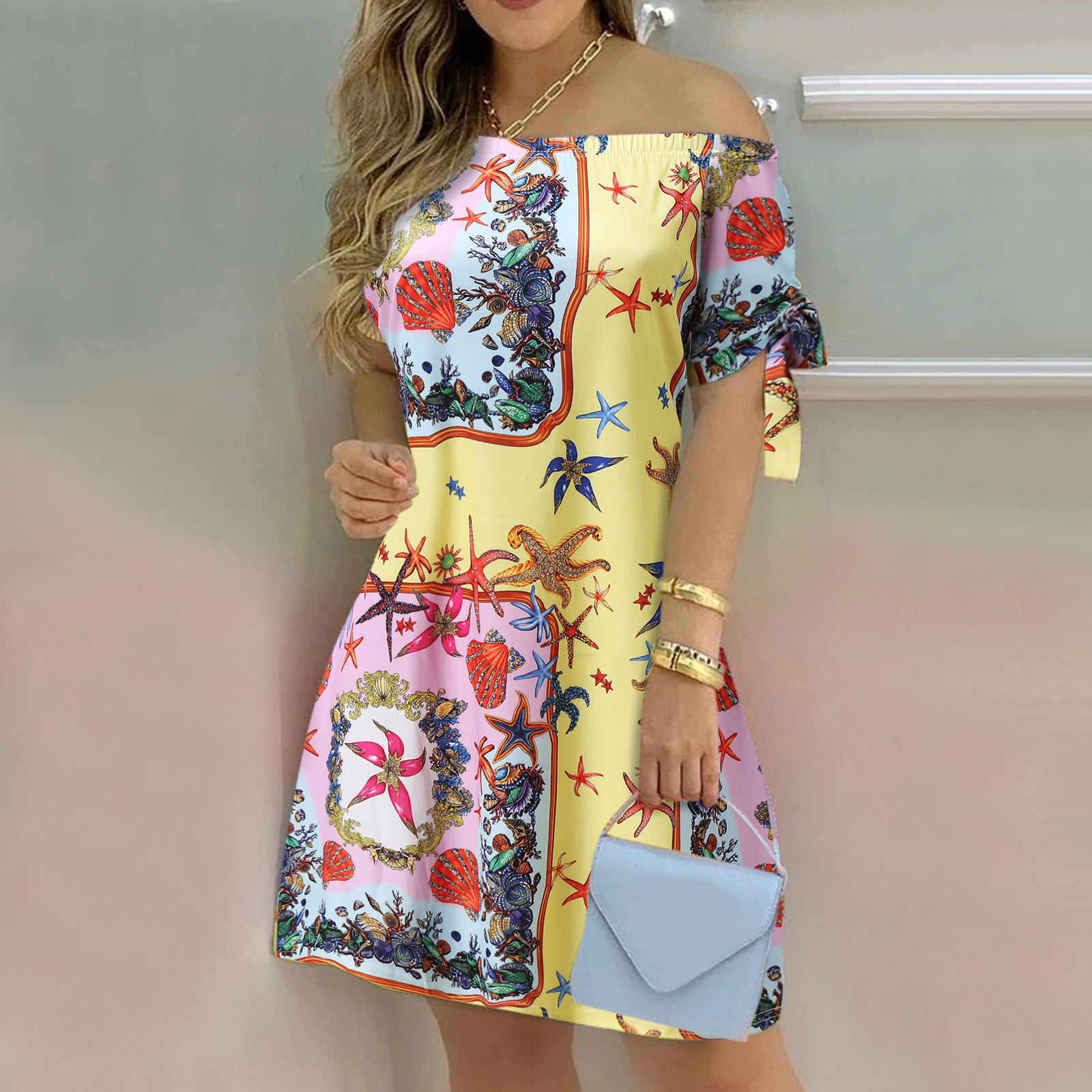 TOTO〗Mini Dresses For Women Fashion Casual Summer Off Shoulder Floral Print  Dress Stripped Lace Up Short Sleeves Mini Dress 