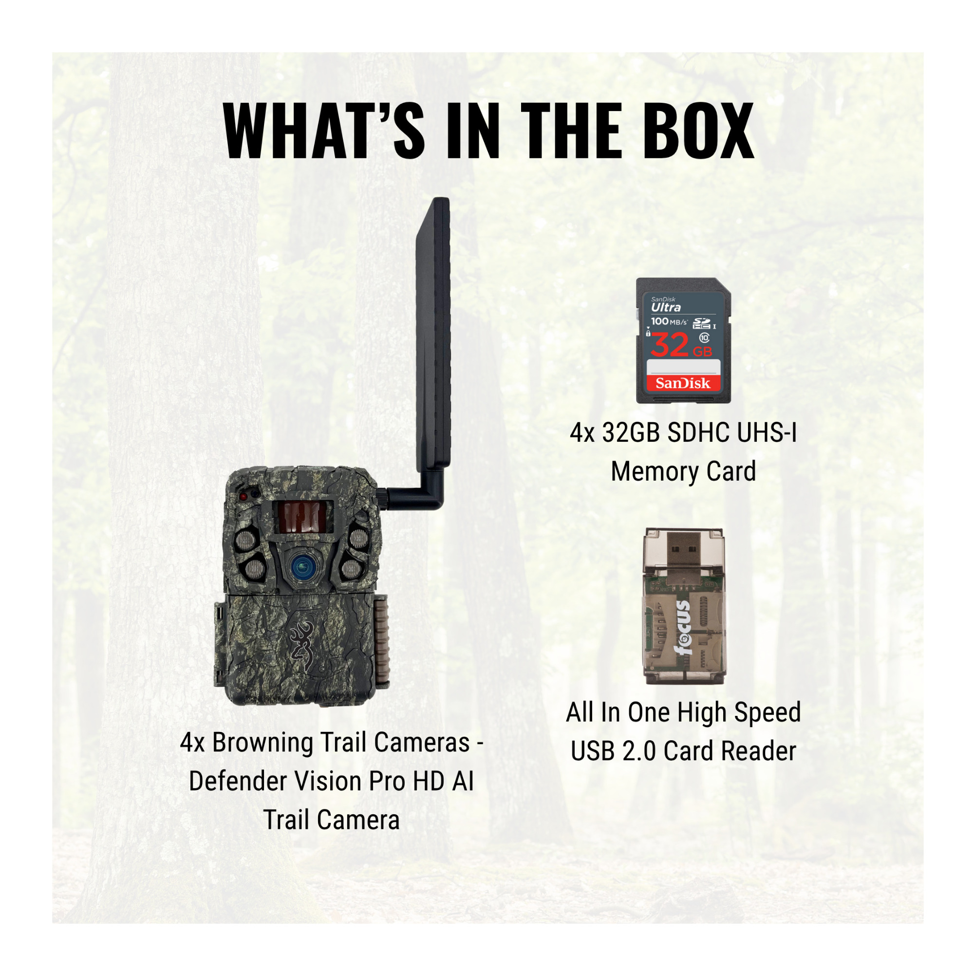 Browning Trail Cameras - Defender Wireless Vision Pro HD AI 46MP (4-Pack) Bundle with 4x 32GB Memory Card and Card Reader (9 items)