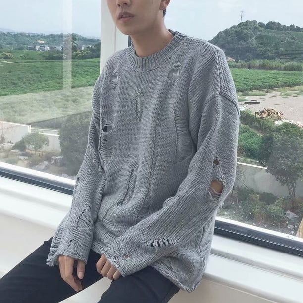 Suéter de pareja de otoño fresco de estilo coreano, suéter de estilo coreano para hombre, suéter de cuello redondo suelto y roto
