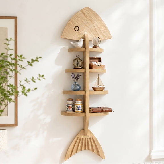 BUSATIA Wooden Wall Shelf,Wood Fish Beach Decor Display Shelf,Coastal Boho Floating Wall Organizer with Dual Display Ledges for Bedroom,Bathroom,Living Room,Nursery