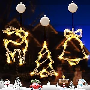 3Pcs Christmas Window Lights Decorations, Battery Powered Christmas Window Hanging Warm White Lighted Tree Bell Star Shaped LED Sucker Lamp for Xmas Tree Fireplace Window Indoor Outdoor Decor