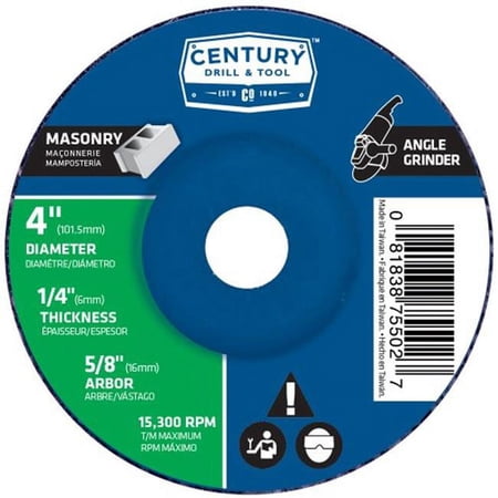 UPC: 0081838755027 | Century Drill & Tool 75502 Masonry Grinding Wheel Type27 – 4 x 0.25 in.