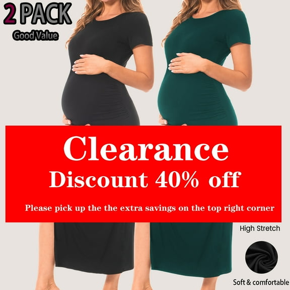 Bearsland Women's Short Sleeve Maternity Dress Ruched Split Pregnancy Maxi Dresses 2-Pack