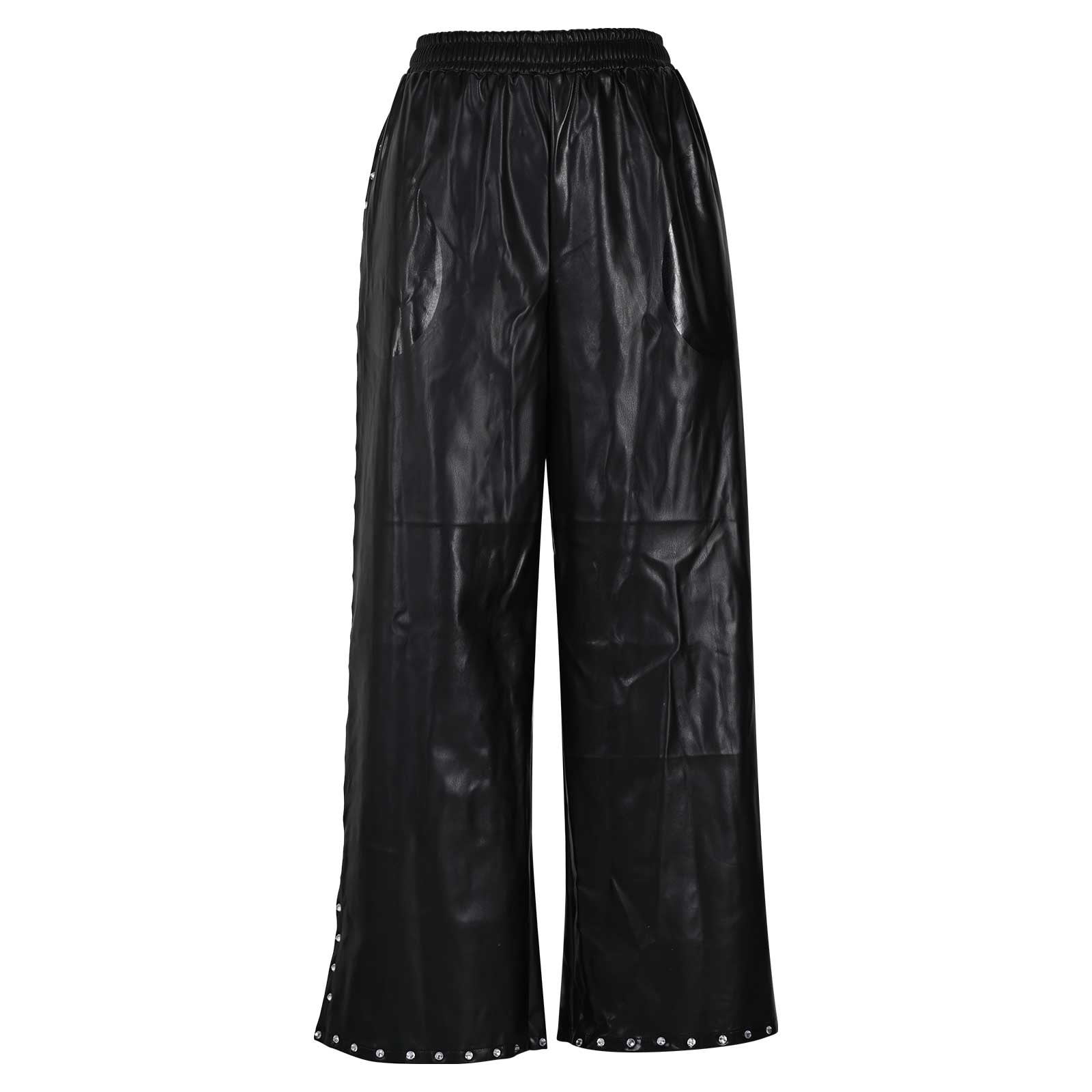 SuTry Women's Wide Leg Faux Leather Pants Rivets Pearls Elastic Waist Trousers with Pockets Leather Pants Mid Rise Novelty Studded Pants(Black,Black)