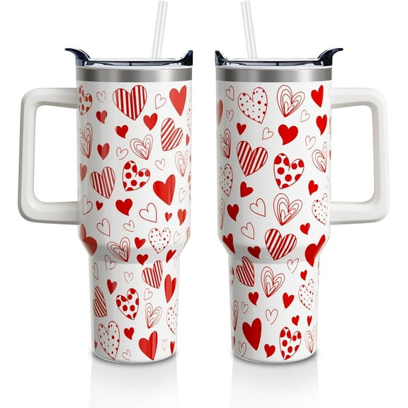 Valentine''s Day Tumbler Gifts for Women Girls, Red Hearts Stainless Steel Insulated Travel Coffee Cup, 40 Oz Tumblers with Handle and Straw, Anniversary Wedding Water Bottle (1 PC)
