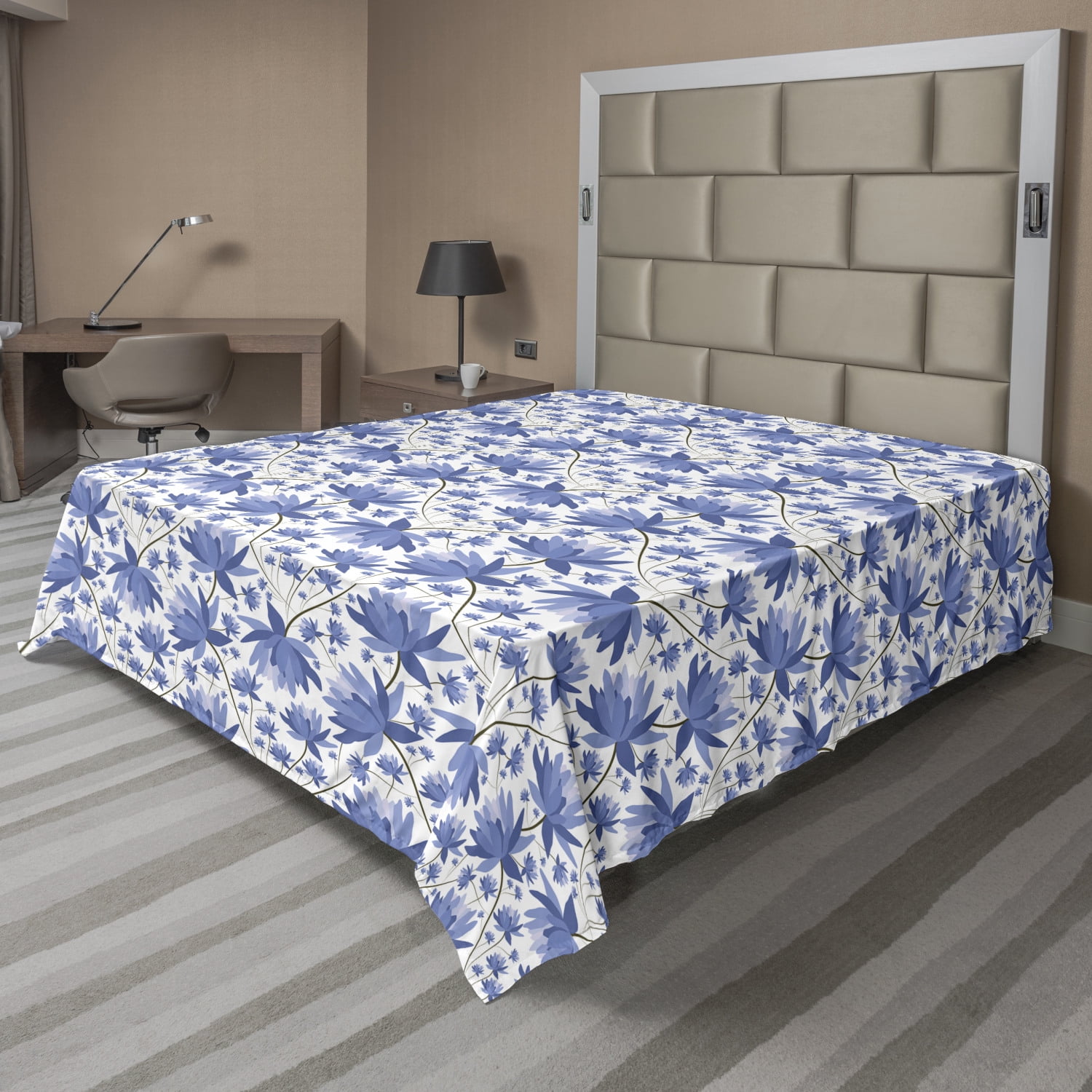 Floral Flat Sheet, Repeated Pattern Japanese Lotus Flowers ...