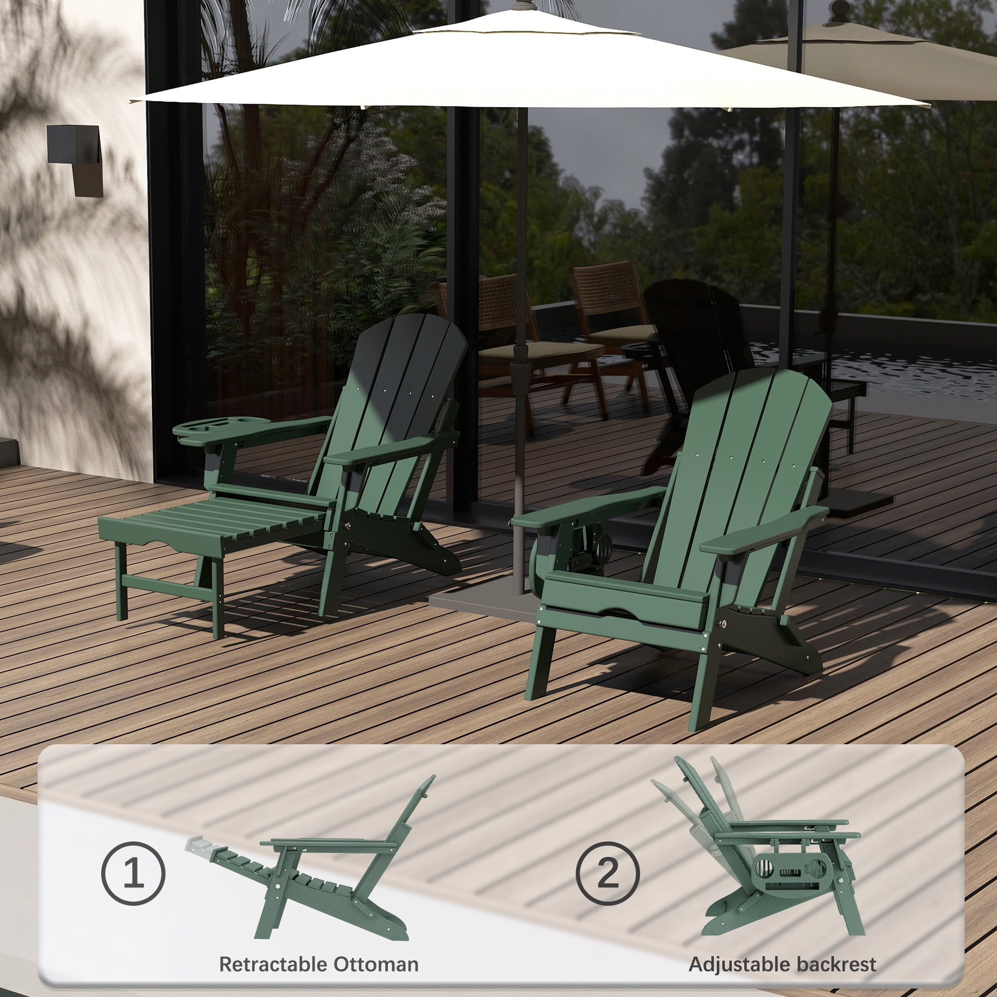 2PCS Folding Adirondack Chair with Ottoman, Adjustable Backrest Plastic HDPE Adirondack Chairs w/4 in 1 Cup Holder Tray, Dark Green